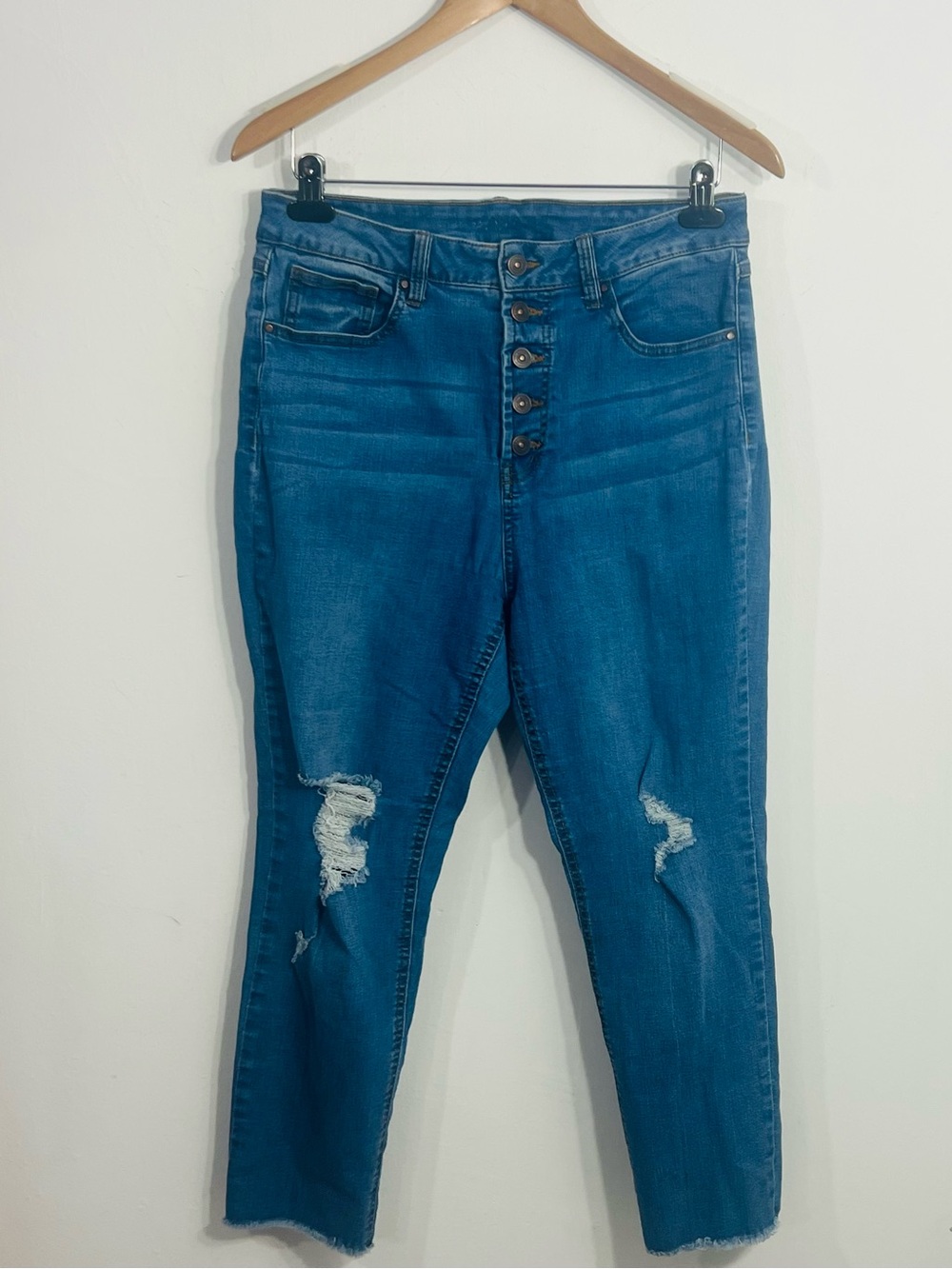 Soundstyle Women's Blue Distressed Stretch Skinny Jeans Button Fly Size 12